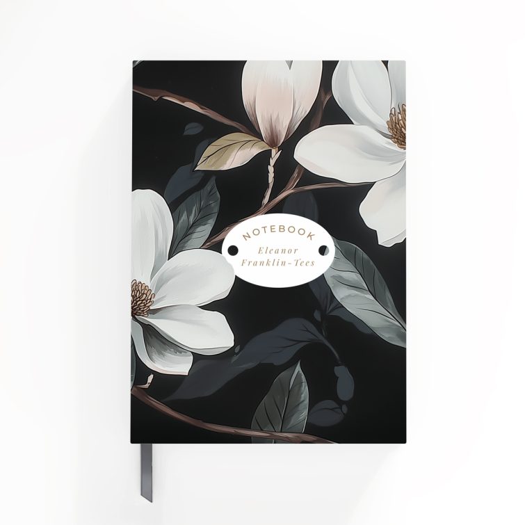 Floral notebook cover design with dark background and white flowers, featuring one photo placeholder.