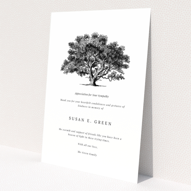 Funeral thank you card design with a tree illustration and heartfelt condolence message, no photos included