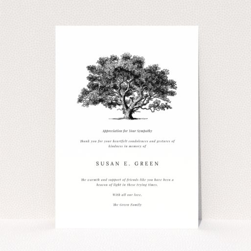 Funeral thank you card design with a tree illustration and heartfelt condolence message, no photos included