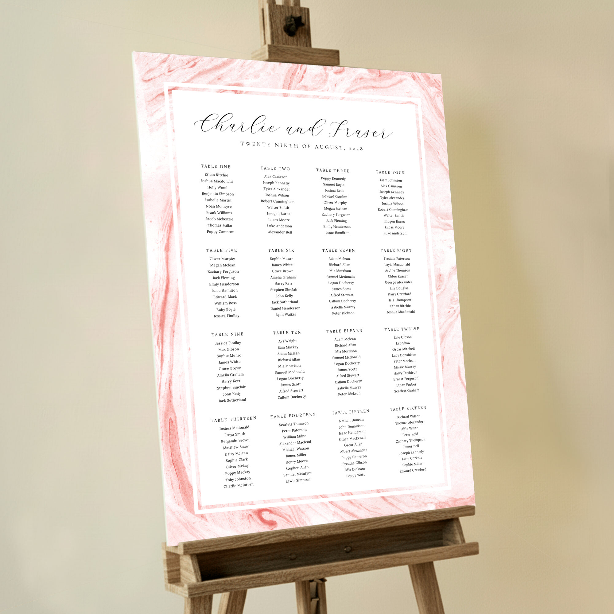 Personalized Marble Dreams Foamex Seating Plan with contemporary swirling pink and white marble design. This template is formatted for 16 tables.