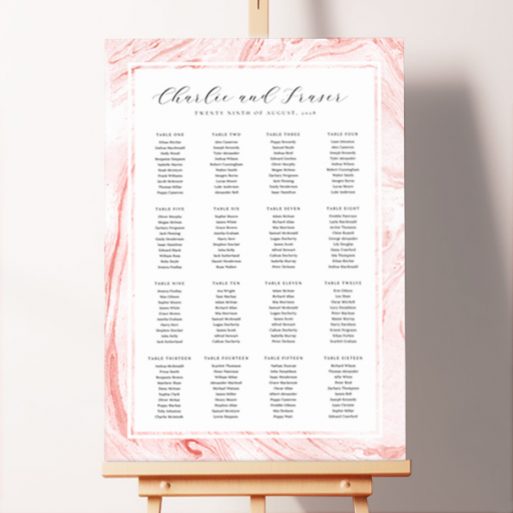 Personalized Marble Dreams Foamex Seating Plan with contemporary swirling pink and white marble design. This template is formatted for 16 tables.