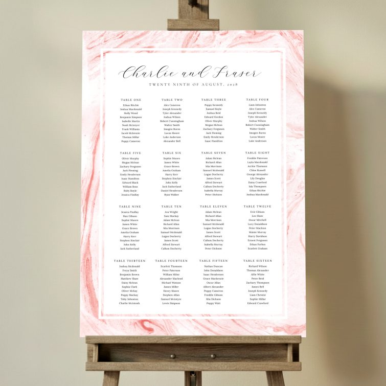 Personalized Marble Dreams Foamex Seating Plan with contemporary swirling pink and white marble design. This template is formatted for 16 tables.