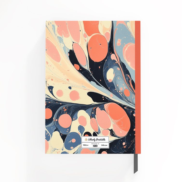 Colourful marbled design for personalised notebooks with two circular photo placeholders, ideal for unique stationery from Utterly Printable.