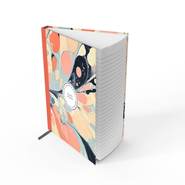 Colourful marbled design for personalised notebooks with two circular photo placeholders, ideal for unique stationery from Utterly Printable.