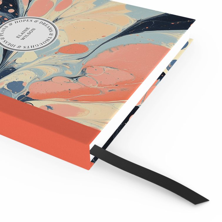 Colourful marbled design for personalised notebooks with two circular photo placeholders, ideal for unique stationery from Utterly Printable.