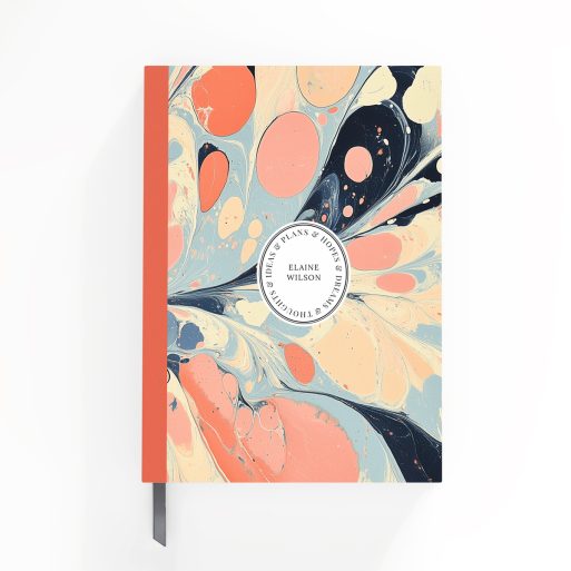 Colourful marbled design for personalised notebooks with two circular photo placeholders, ideal for unique stationery from Utterly Printable.