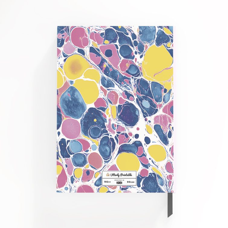 Colourful marbled design for personalised notebooks with space for daily notes and name.