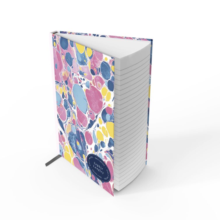 Colourful marbled design for personalised notebooks with space for daily notes and name.