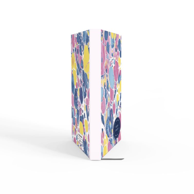 Colourful marbled design for personalised notebooks with space for daily notes and name.