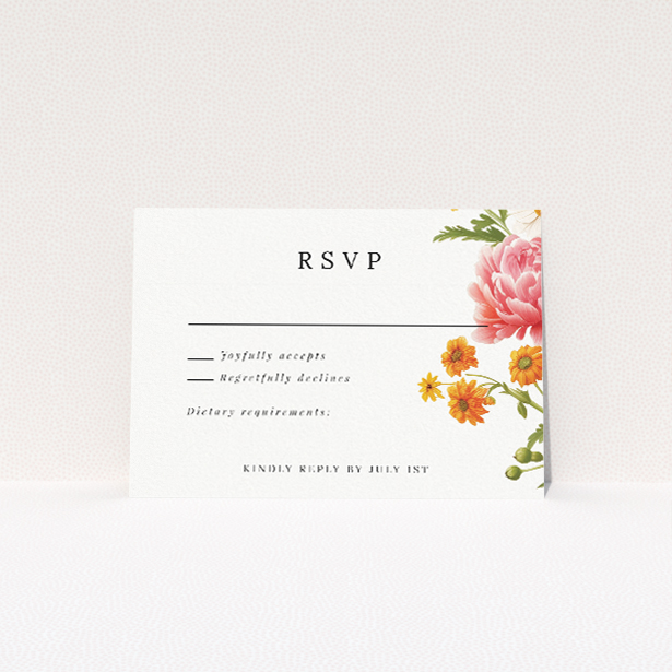 Marigold Meadow RSVP card, part of the Utterly Printable wedding stationery suite. This is a view of the front