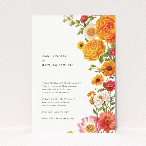 A5 wedding invitation featuring a vibrant summer garden motif with marigolds, daisies, and other florals cascading down one side against a pristine white backdrop This is a view of the front