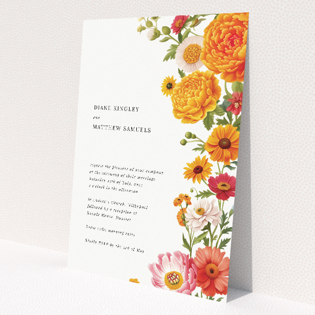 A5 wedding invitation featuring a vibrant summer garden motif with marigolds, daisies, and other florals cascading down one side against a pristine white backdrop This image shows the front and back sides together