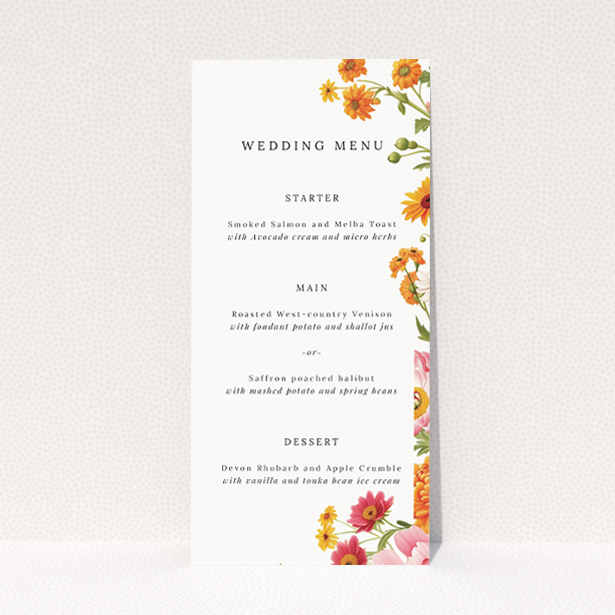 Marigold Meadow wedding menu template - Vibrant floral motifs in vivid hues of yellow, orange, and pink against a pristine white backdrop, evoking the charm of a summer garden This is a view of the front