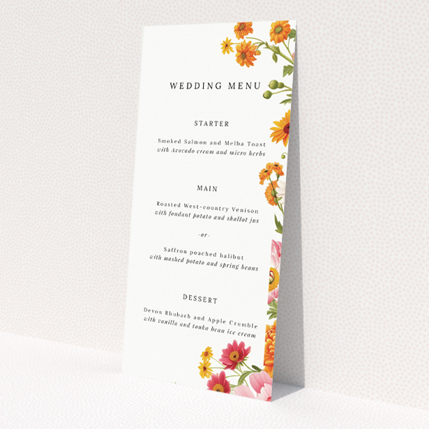Marigold Meadow wedding menu template - Vibrant floral motifs in vivid hues of yellow, orange, and pink against a pristine white backdrop, evoking the charm of a summer garden This is a view of the front