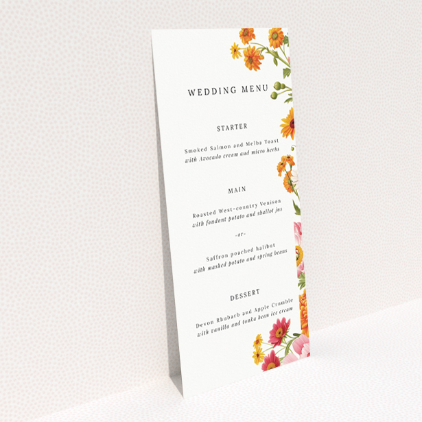 Marigold Meadow wedding menu template - Vibrant floral motifs in vivid hues of yellow, orange, and pink against a pristine white backdrop, evoking the charm of a summer garden This is a view of the back