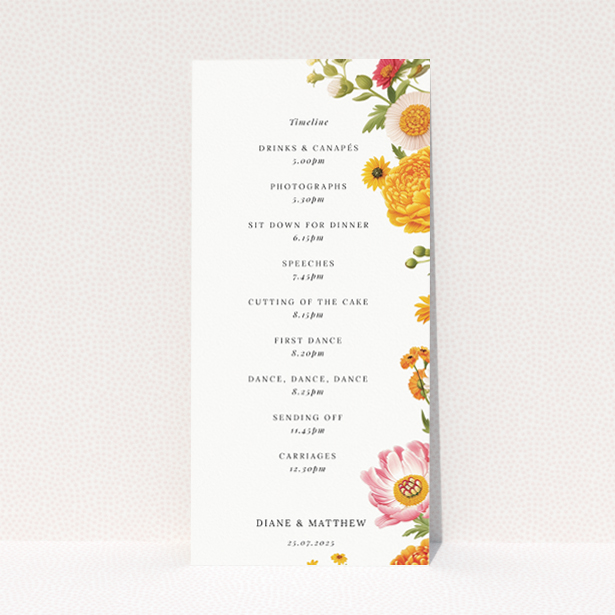 Marigold Meadow wedding menu template - Vibrant floral motifs in vivid hues of yellow, orange, and pink against a pristine white backdrop, evoking the charm of a summer garden This is a view of the back