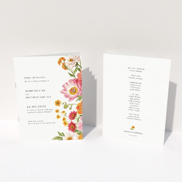 Vibrant Marigold Meadow Wedding Order of Service Booklet with Floral Elegance. This image shows the front and back sides together