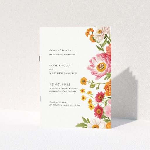 Vibrant Marigold Meadow Wedding Order of Service Booklet with Floral Elegance. This is a view of the front