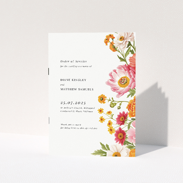 Vibrant Marigold Meadow Wedding Order of Service Booklet with Floral Elegance. This is a view of the front