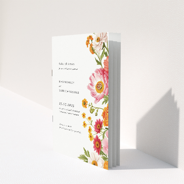Vibrant Marigold Meadow Wedding Order of Service Booklet with Floral Elegance. This image shows the front and back sides together