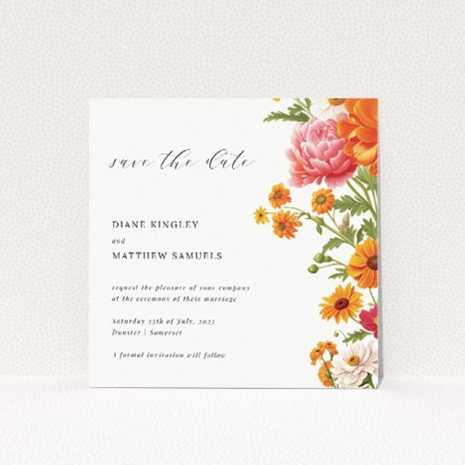 Marigold Meadow wedding save the date card featuring vibrant summer garden floral design. This is a view of the front