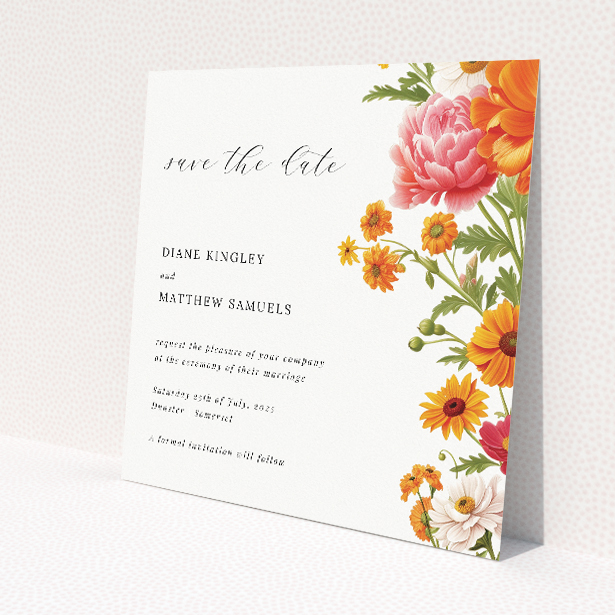 Marigold Meadow wedding save the date card featuring vibrant summer garden floral design. This image shows the front and back sides together