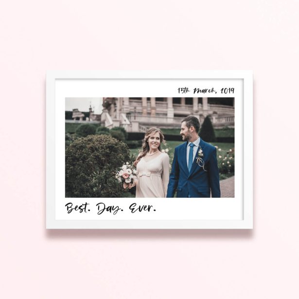 Simple framed prints designs featuring a wedding photo and date