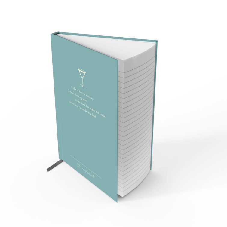 Elegant personalised notebook cover design with a minimalistic cocktail illustration and dummy text.