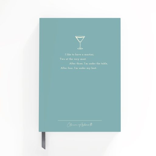 Elegant personalised notebook cover design with a minimalistic cocktail illustration and dummy text.