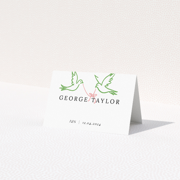 Mayfair Doves suite place card template with classic double-line border, green hues, and delicate illustration of doves and foliage, symbolizing peace and unity This is a third view of the front