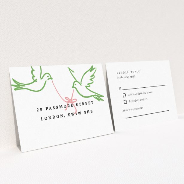 RSVP card template from the 'Mayfair Doves' suite, showcasing serene elegance with delicate illustrations of doves and garlands in soft green hues, evoking timeless sophistication and a touch of romance for wedding stationery This is a view of the back