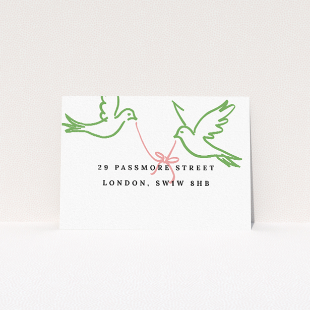 RSVP card template from the 'Mayfair Doves' suite, showcasing serene elegance with delicate illustrations of doves and garlands in soft green hues, evoking timeless sophistication and a touch of romance for wedding stationery This is a view of the back