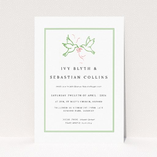 Personalised wedding invitation template - Mayfair Doves with double-line border and illustration of doves encircled by a garland. This is a view of the front