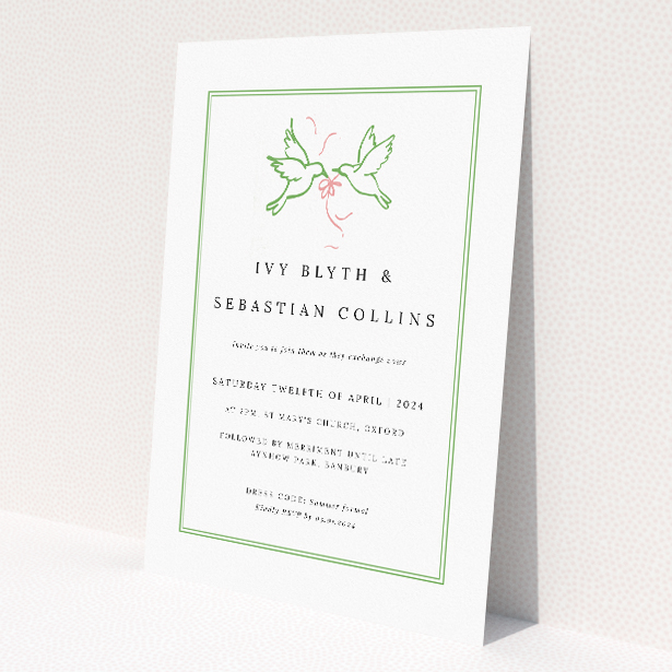 Personalised wedding invitation template - Mayfair Doves with double-line border and illustration of doves encircled by a garland. This is a view of the front