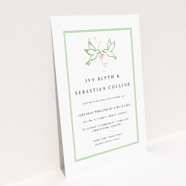 Personalised wedding invitation template - Mayfair Doves with double-line border and illustration of doves encircled by a garland. This image shows the front and back sides together