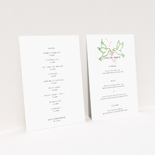 Elegant Mayfair Doves Wedding Menu Template with Classic Green Border and Delicate Dove Illustration. This image shows the front and back sides together