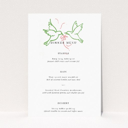 Elegant Mayfair Doves Wedding Menu Template with Classic Green Border and Delicate Dove Illustration. This is a view of the front