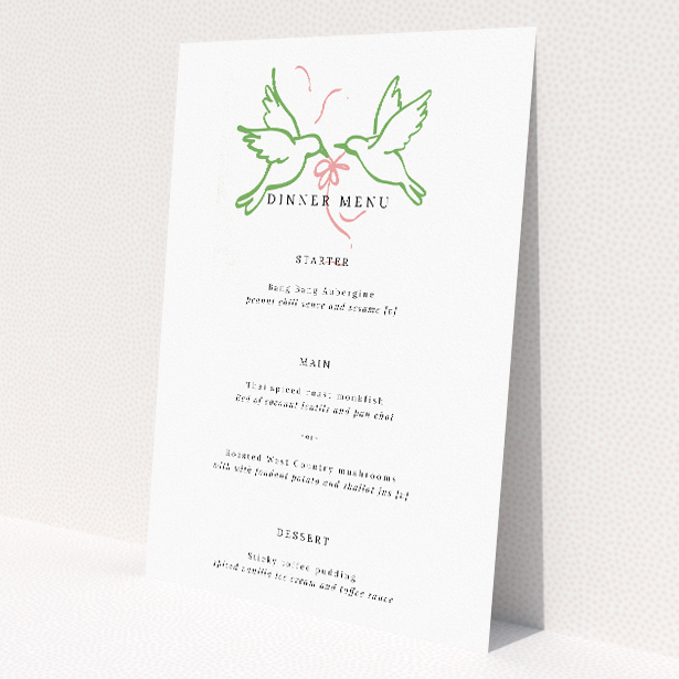 Elegant Mayfair Doves Wedding Menu Template with Classic Green Border and Delicate Dove Illustration. This image shows the front and back sides together
