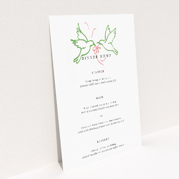 Elegant Mayfair Doves Wedding Menu Template with Classic Green Border and Delicate Dove Illustration. This image shows the front and back sides together