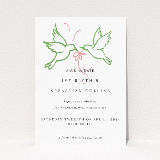 Mayfair Doves wedding save the date card A6 featuring graceful illustration of two doves in flight symbolising love and unity, with stylish typography on a soft white backdrop for an elegant and whimsical announcement of your special day This is a view of the front