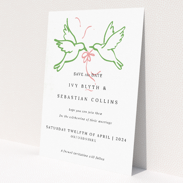 Mayfair Doves wedding save the date card A6 featuring graceful illustration of two doves in flight symbolising love and unity, with stylish typography on a soft white backdrop for an elegant and whimsical announcement of your special day This is a view of the front
