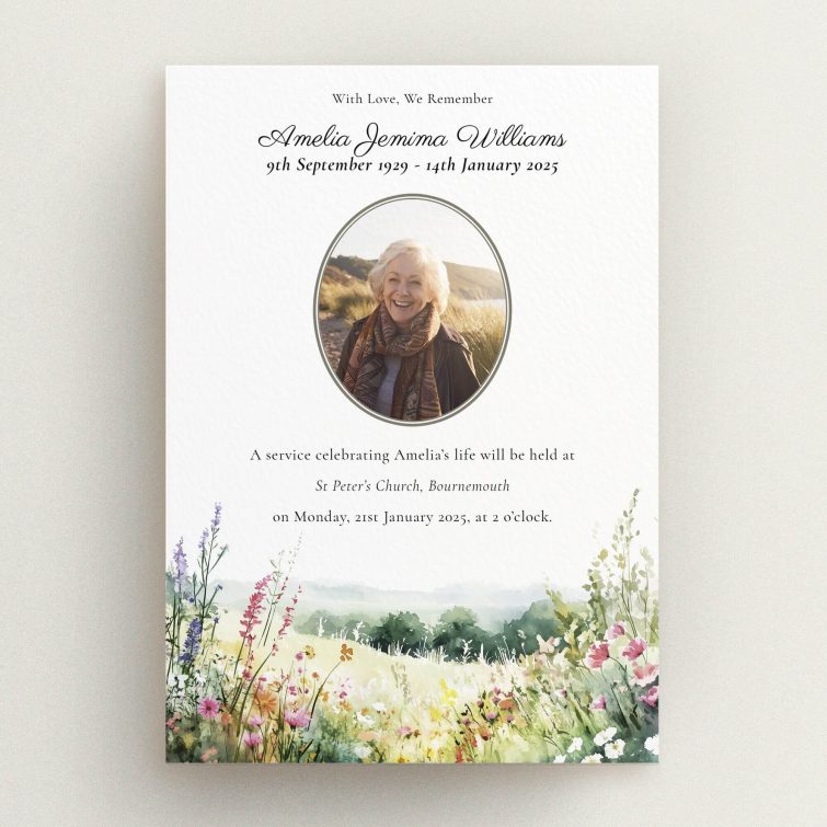 Funeral announcement design with one photo and floral border for personalised memorial service card