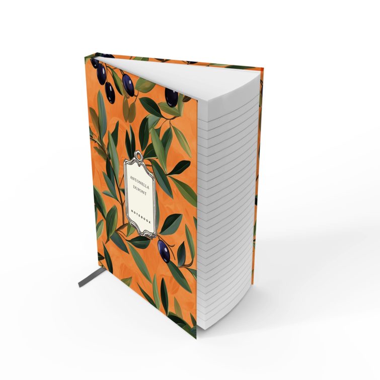 Floral orange notebook cover design with olive branch pattern, featuring two decorative photo elements.