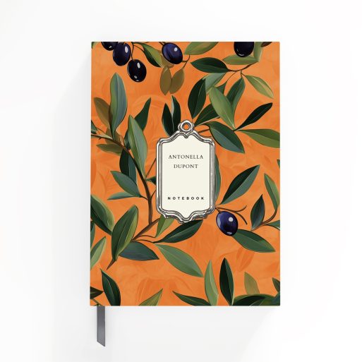 Floral orange notebook cover design with olive branch pattern, featuring two decorative photo elements.