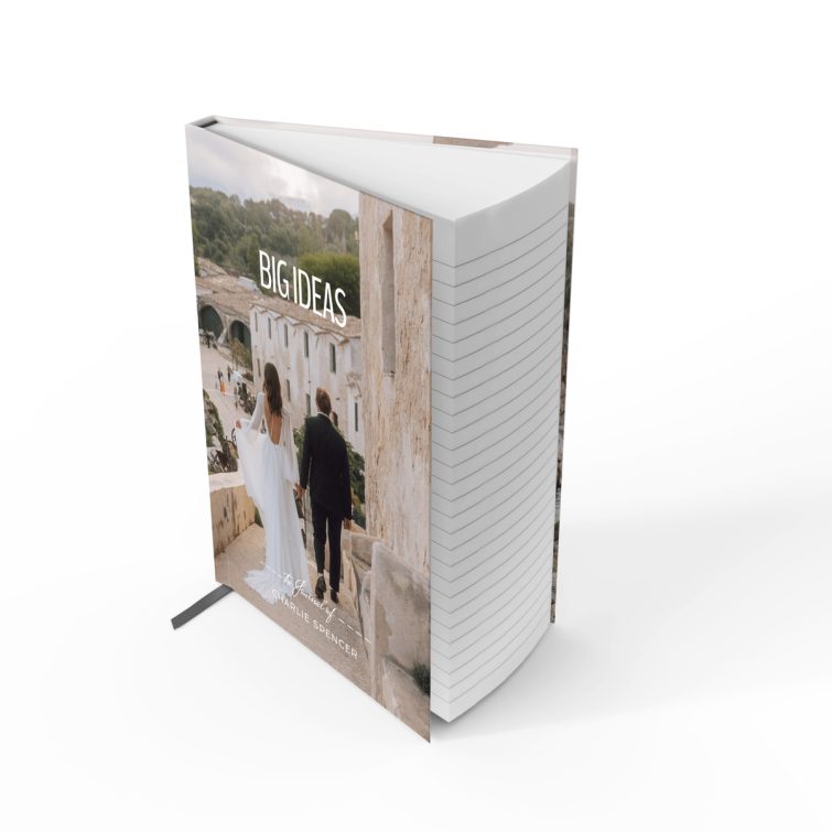 Portrait orientation wedding notebooks design with one photo on the full cover spread.