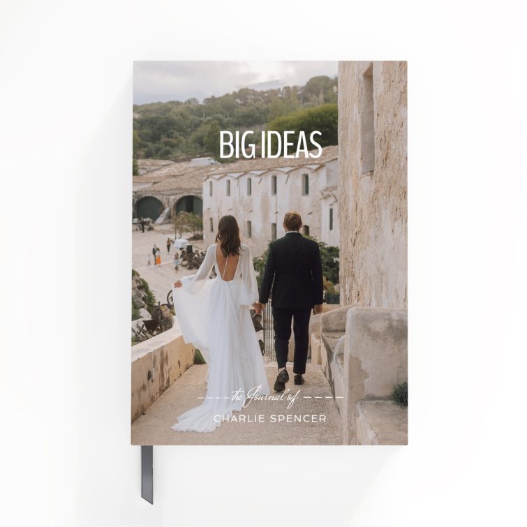 Portrait orientation wedding notebooks design with one photo on the full cover spread.