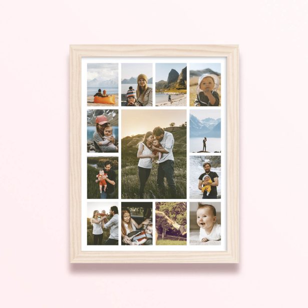 Simple framed prints designs featuring 16 photo grid template for personalised photo gifts and wall art.