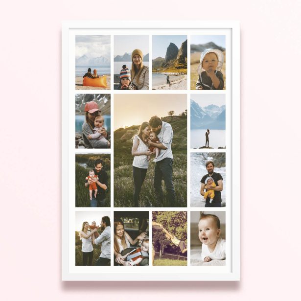 Simple framed prints designs featuring 16 photo grid template for personalised photo gifts and wall art.