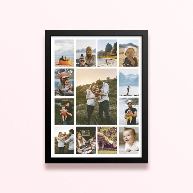 Simple framed prints designs featuring 16 photo grid template for personalised photo gifts and wall art.