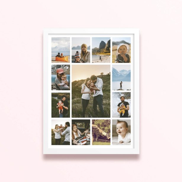 Simple framed prints designs featuring 16 photo grid template for personalised photo gifts and wall art.